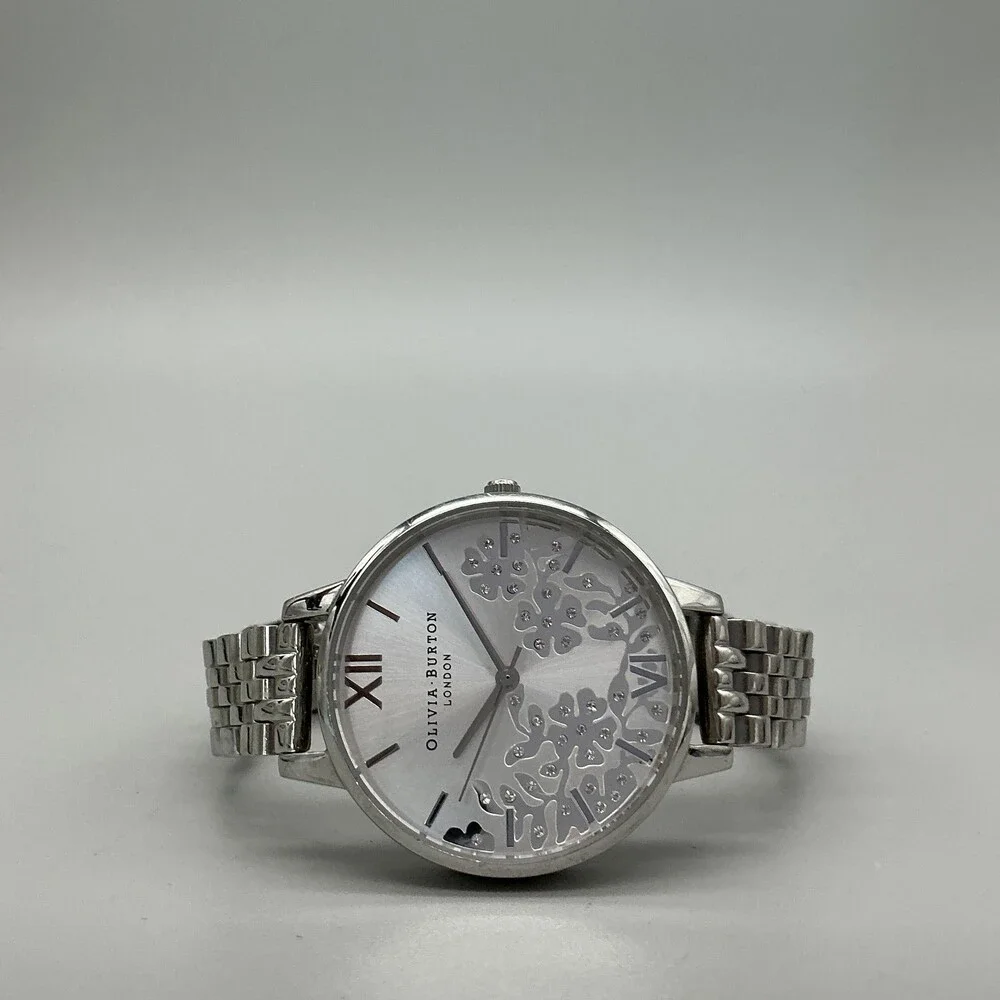 Olivia Burton Womens Watch 34mm Silver Floral Tone Bracelet New Batt 6.75